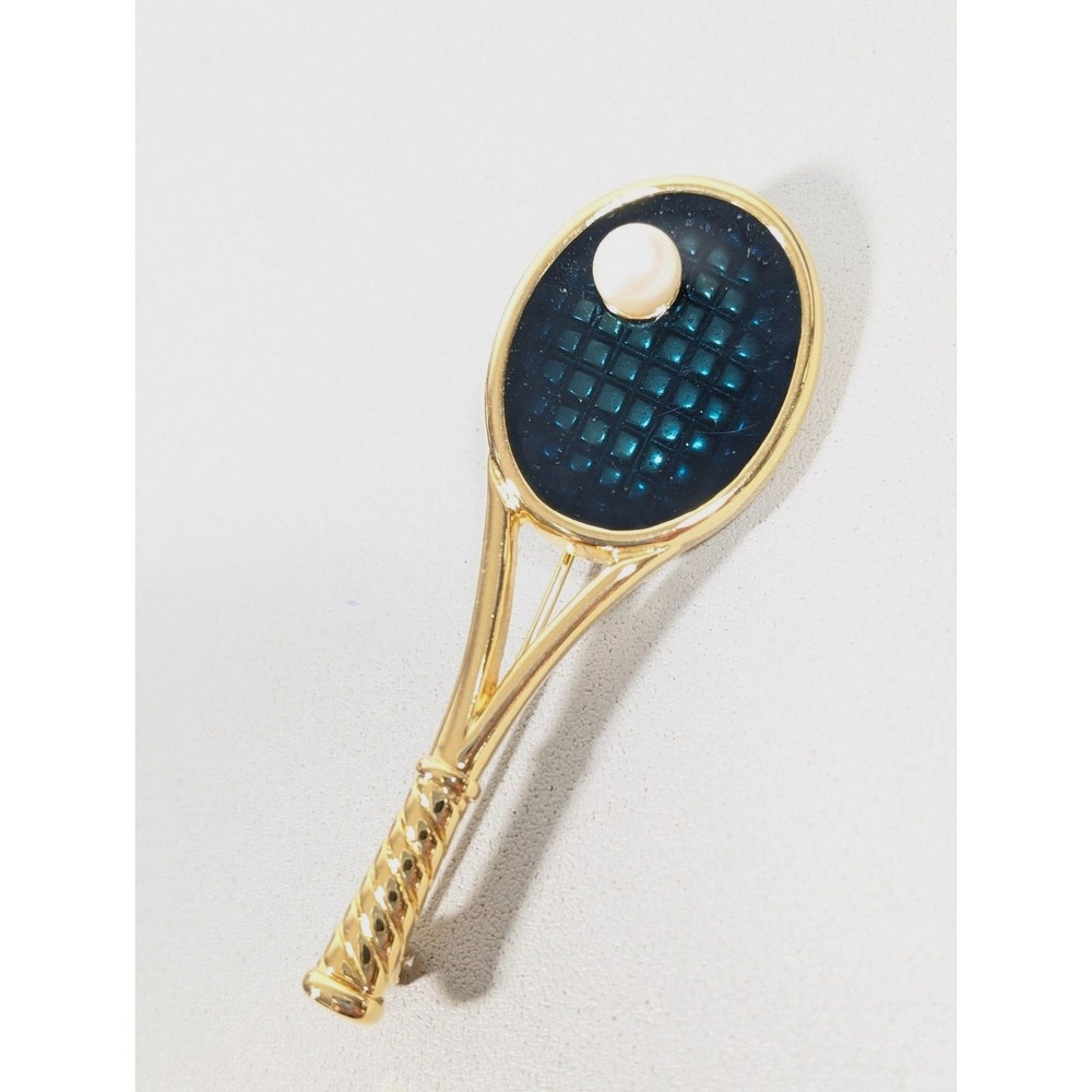 Premier Designs Tennis Racket Pickleball Faux Pearl Brooch Pendant Gold Tone